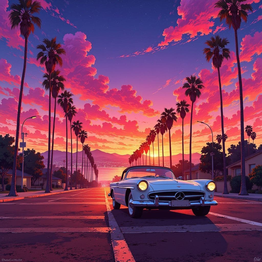 Hip-Hop AI Album Cover — A stunning illustration for 'Westside Summer', featuring a luxury convertible cruising down a palm tree-lined boulevard during a cinematic Los Angeles sunset. Warm golden-orange skies fading into pink and purple, soft neon lights beginning to glow in the distance. The atmosphere is carefree and confident, capturing a modern hip-hop aesthetic. Color palette of gold, orange, pink, purple, and deep blue twilight tones, highly detailed, photorealistic, 8k quality, luxurious, relaxed vibe.