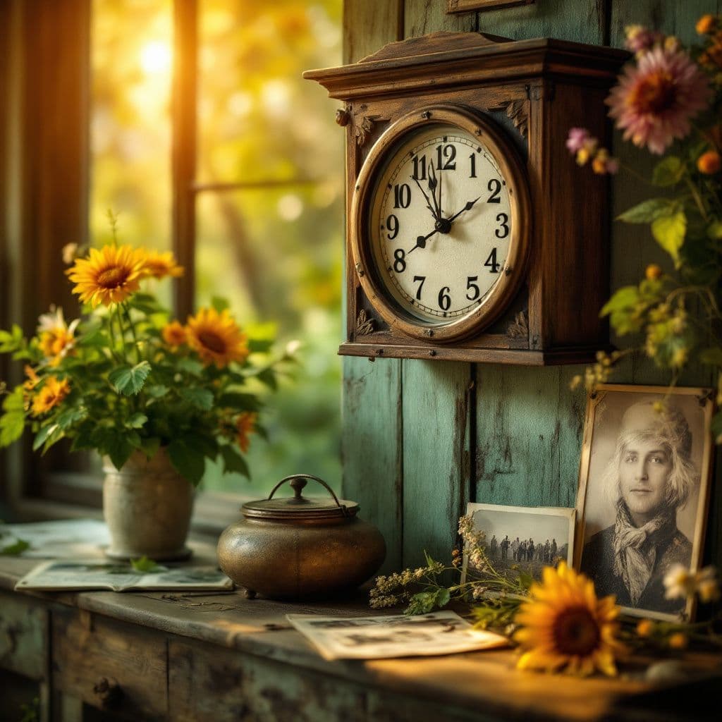 Country AI Album Cover — A nostalgic country music album cover featuring an old wooden clock on a rustic wall, surrounded by fading photographs and wildflower arrangements; warm golden lighting, soft bokeh effect, earthy color palette with greens and browns, highly detailed, emotional atmosphere, 8k resolution