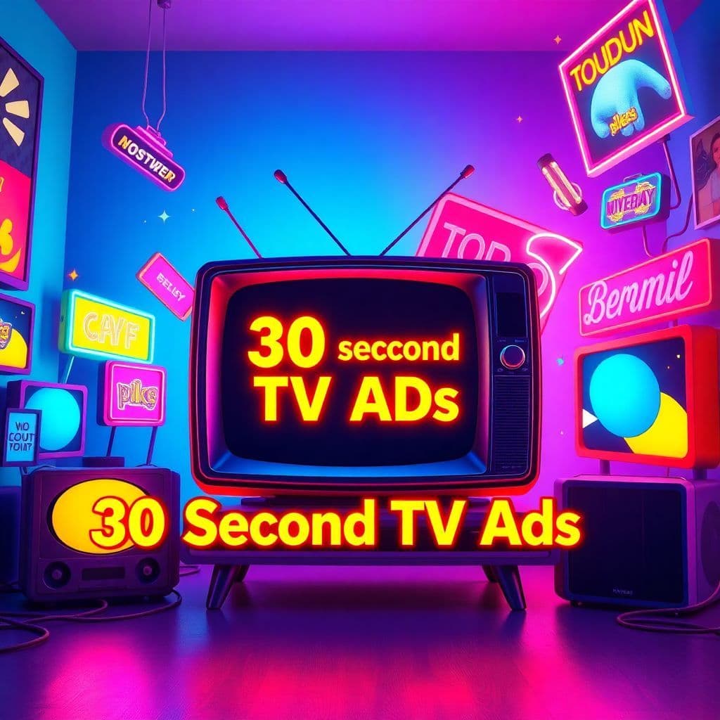 Pop AI Album Cover — A vibrant album cover for the pop song titled "30 Second TV Ads" featuring a retro television set surrounded by colorful advertising graphics and dynamic animations; photorealistic with a playful and energetic atmosphere, bright neon colors, and clear typography integrating the title, 8k resolution, highly detailed, commercial and upbeat feel