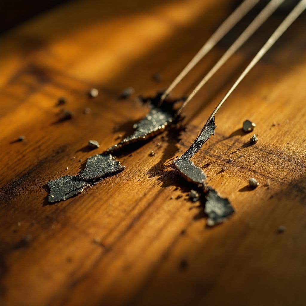 Country AI Album Cover — A close-up of a broken string on an acoustic guitar, surrounded by rustic wooden textures and warm lighting; minimalist style with a focus on detail, earthy tones of brown and gold, capturing a moody and emotional vibe, photorealistic, 8k resolution