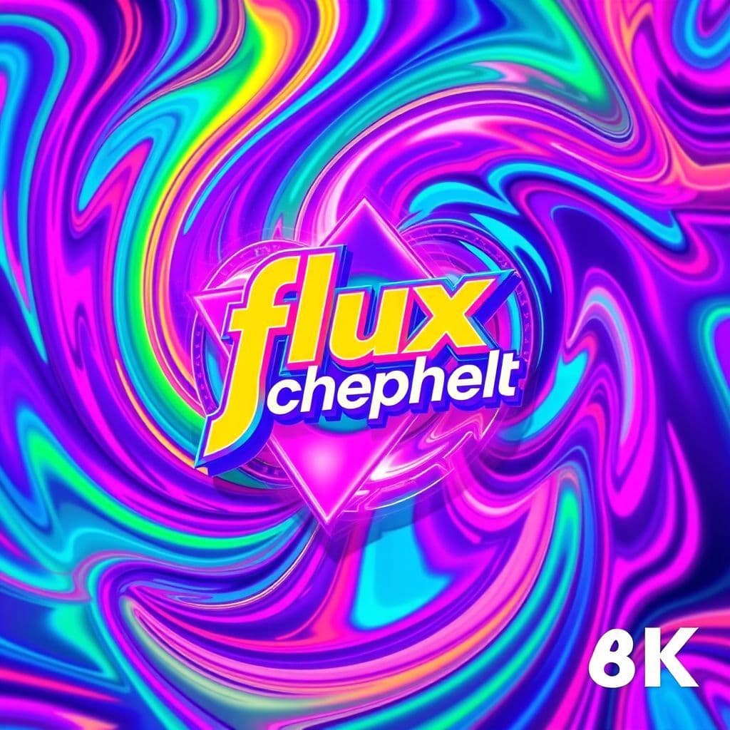 House AI Album Cover — A vibrant, psychedelic album cover with swirling colors and rhythmic patterns, featuring the title "flux schnell" integrated into abstract shapes; an energetic atmosphere with bright neon hues, high-detail visuals, dynamic movement, and a club-like vibe, 8k resolution