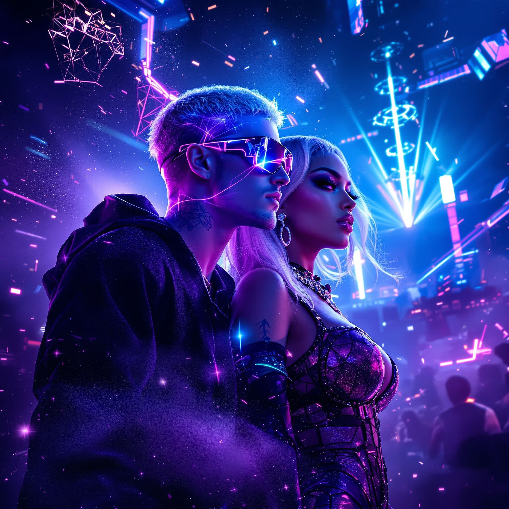EDM AI Album Cover — A powerful electronic music album cover featuring Justin Bieber and Nicki Minaj in a dynamic EDM festival scene; dark electric blue and deep purple atmosphere, dramatic cinematic lighting, glowing highlights, futuristic textures, abstract sound-wave elements, high energy bursts, photorealistic details, intense neon lighting, strong depth and perspective, 8k quality, festival-ready design