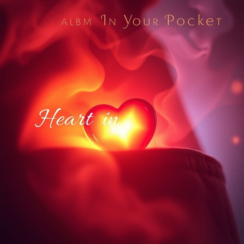 R&B AI Album Cover — A dreamy R&B album cover featuring a close-up of a glowing heart in a pocket, surrounded by soft, swirling vapor; atmospheric lighting, warm tones of pink and gold, with the title 'Heart In Your Pocket' elegantly integrated into the design, ethereal and highly detailed, 8K resolution
