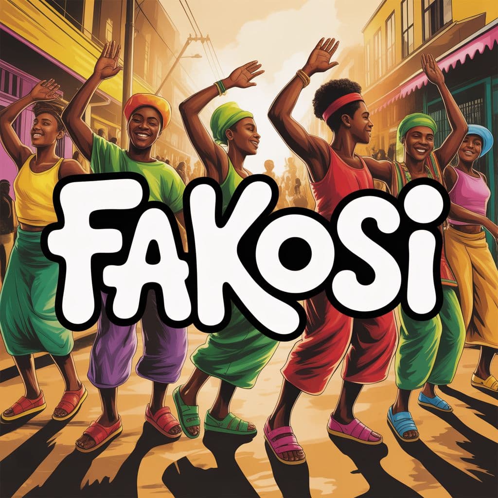 Afrobeat AI Album Cover — A vibrant afrobeat album cover with the title 'Fakosi' integrated into a lively street dance scene, featuring colorful dancers in traditional attire. Use bold, hand-painted typography that flows with the movement of the dancers, warm golden light, rich greens and reds in a lively atmosphere, highly detailed, 8k resolution.