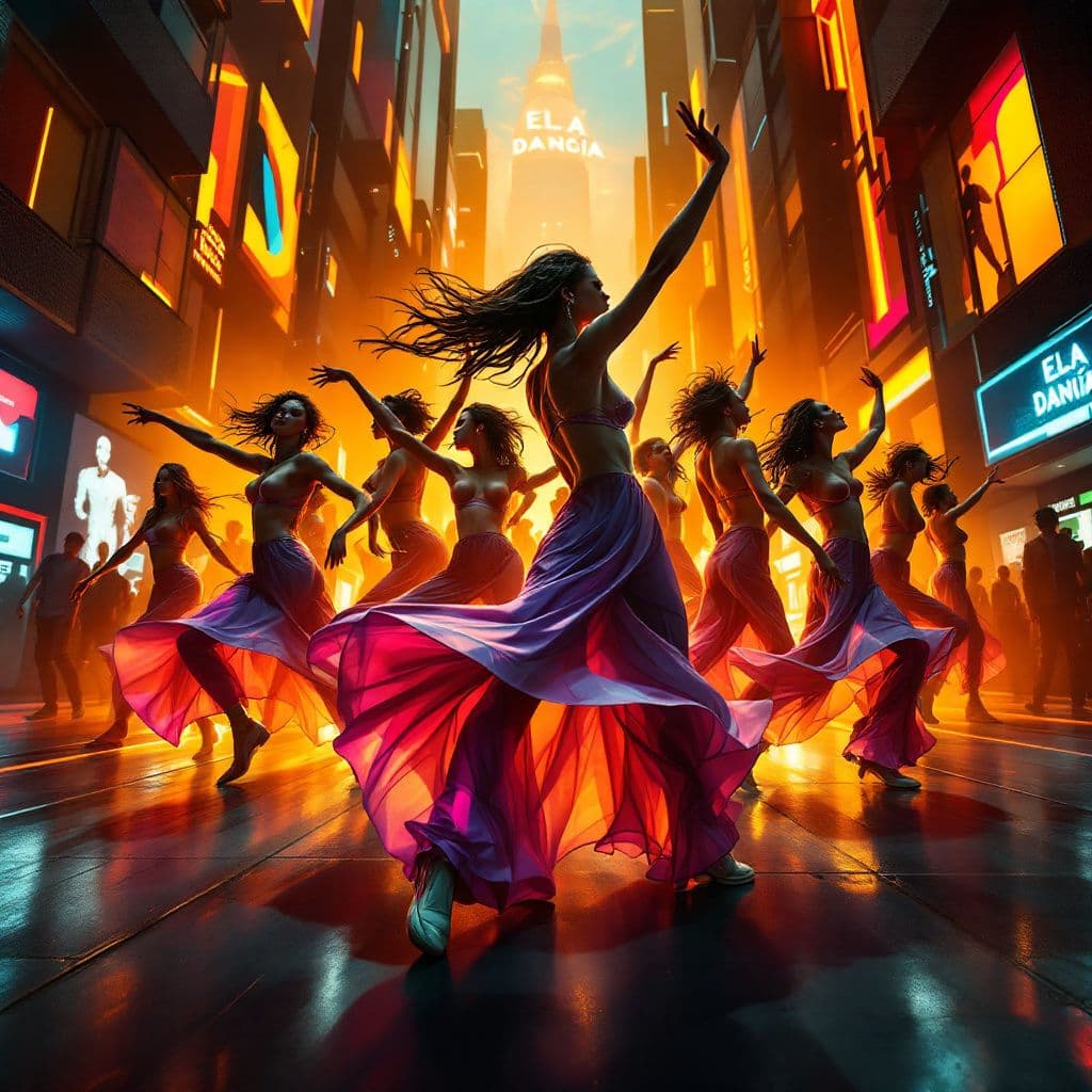 Funk AI Album Cover — A vibrant and energetic album cover for 'ELA DANÇA', featuring a group of dancers mid-motion in a colorful urban setting, psychedelic patterns and fluid lines, high contrast lighting with neon accents, warm color palette of oranges, pinks, and purples, highly detailed and photorealistic, 8k resolution, lively and dynamic atmosphere