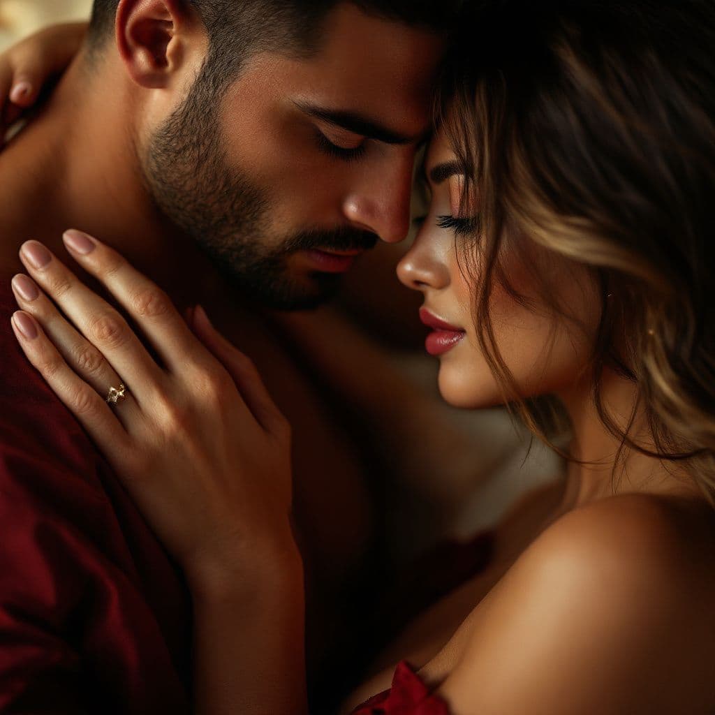 R&B AI Album Cover — A moody, photorealistic album cover featuring a close-up of a sensual couple in an intimate embrace, soft warm lighting highlighting their expressions, rich golden and deep burgundy color palette, focusing on emotions and connection, highly detailed, 8k resolution, evocative and alluring atmosphere