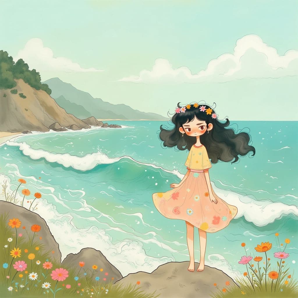 Folk AI Album Cover — A whimsical folk album cover featuring a young woman with flowing hair adorned with wildflowers, standing on a rocky shore against turbulent waves; a dreamy, ethereal style with soft lighting, watercolor textures, and a pastel color palette; highly detailed, 8k resolution, evoking emotions of nostalgia and longing
