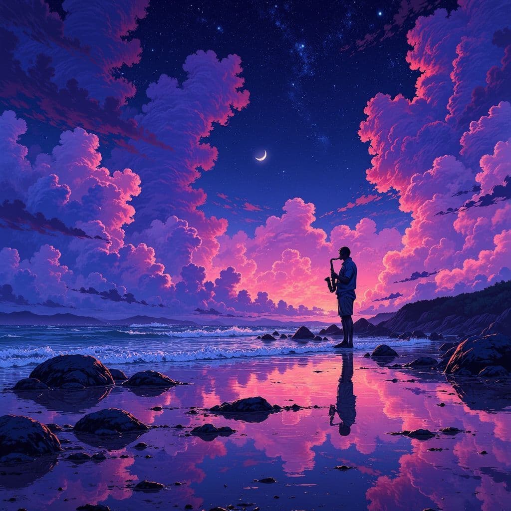 R&B AI Album Cover — A dreamy RnB album cover featuring a silhouette of a saxophonist playing under a starlit sky, ethereal clouds swirling in vibrant colors of purple and blue, cinematic lighting creating a soft glow, highly detailed, 8k resolution, atmospheric and reflective mood