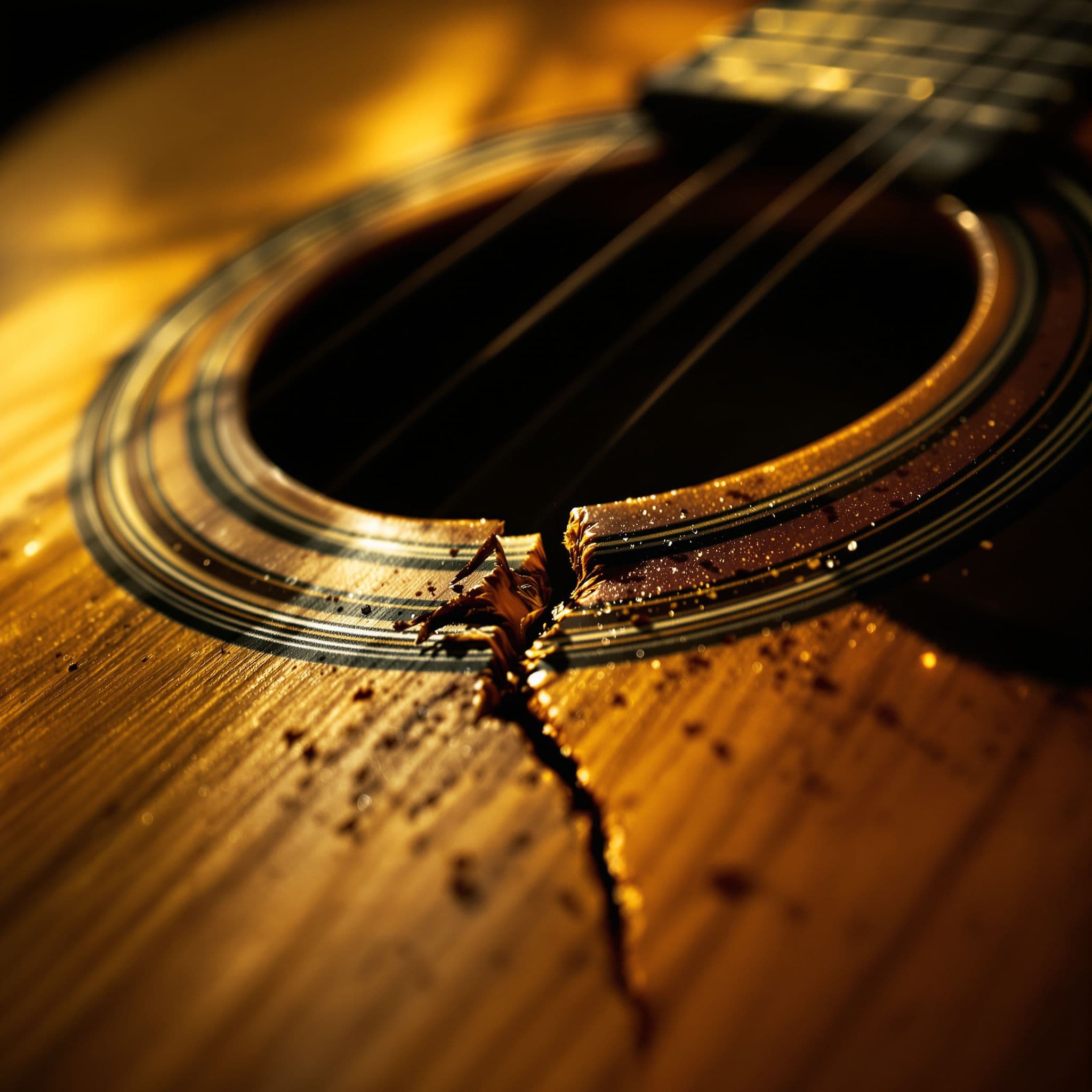 Country AI Album Cover — A close-up of a broken string on an acoustic guitar, dramatic lighting highlighting the intricate wood grain and shattered string, a warm, nostalgic atmosphere with soft focus, showcasing deep autumn colors like amber and rust; 8k resolution, photorealistic detail that evokes emotions of loss and nostalgia.