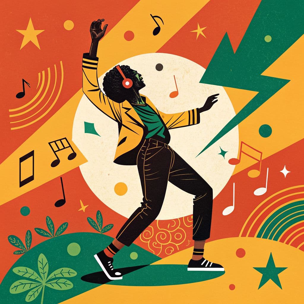 Afrobeat AI Album Cover — A vibrant afrobeat album cover featuring a central figure dancing joyfully, surrounded by abstract musical notes and colorful geometric shapes; stylized illustration in bold colors of orange, green, and yellow; dynamic composition with a playful mood, high contrast, and expressive outlines, emphasizing movement, high quality, 8k resolution