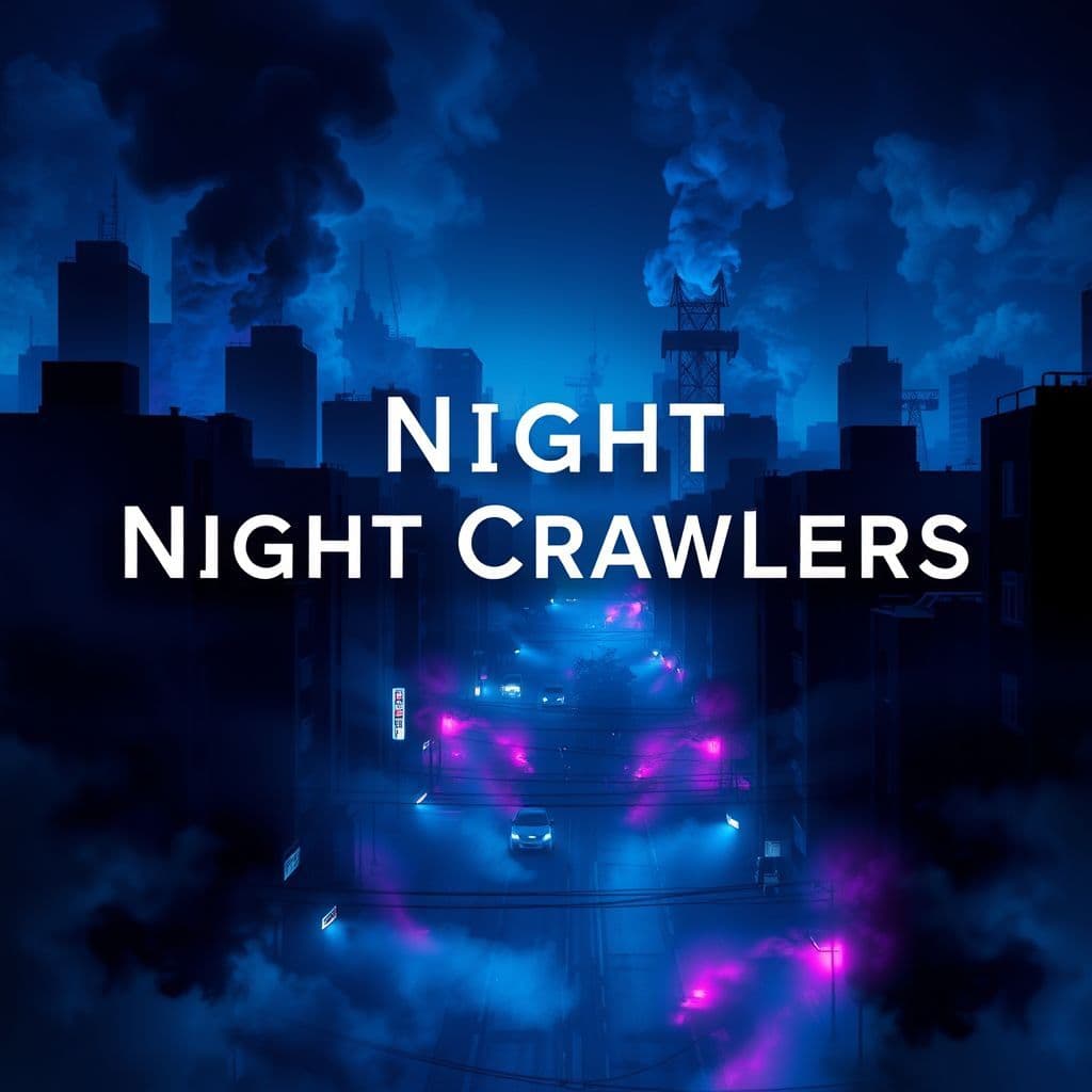 Trap AI Album Cover — A moody trap album cover with the title "Night Crawlers" integrated into a dreamy night cityscape; featuring dark silhouettes of buildings, ethereal lighting with neon accents, smoky textures in the air, vibrant blue and purple color palette, highly detailed and photorealistic, 8K quality, atmospheric feel.