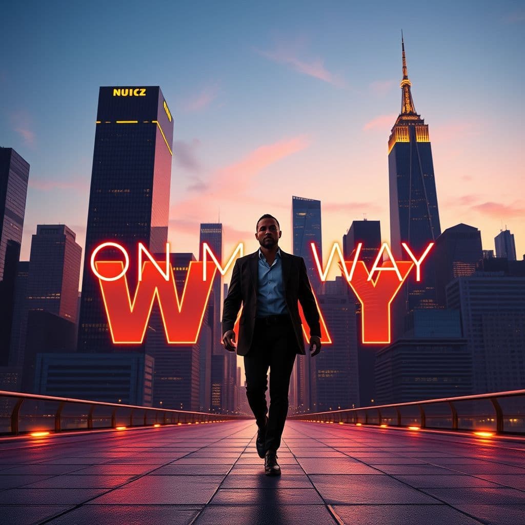 Trap AI Album Cover — A bold, surreal album cover featuring a confident figure walking through a cityscape at dusk, with skyscrapers reflecting golden lights. The title "On My Way" is integrated into the skyline in sleek, modern typography; vibrant colors with neon accents, highly detailed, 8k resolution, dynamic atmosphere.