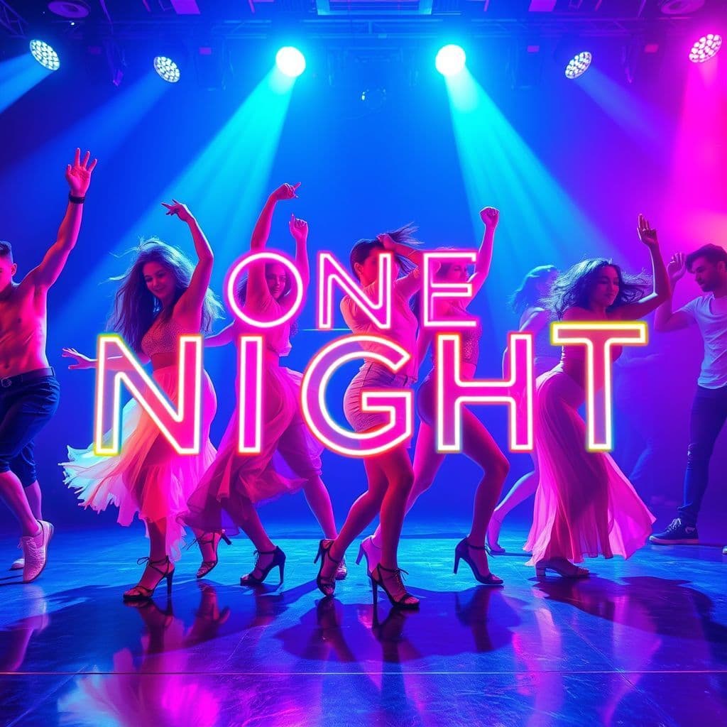 Dance AI Album Cover — A vibrant dance album cover featuring dynamic dancers in colorful outfits, the title 'One Night' integrated into the design in bold neon typography; psychedelic lighting effects, fluid motion captures, bright and uplifting atmosphere, high contrast colors, highly detailed and photorealistic, 8k resolution, energetic and lively feel