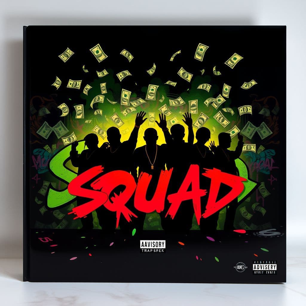 Trap AI Album Cover — A vibrant trap album cover featuring a silhouetted group in dynamic poses, surrounded by money symbols and urban graffiti; the title "Squad" integrated into the artwork with bold, colorful lettering; moody lighting, high contrast, highly detailed, 8k resolution.
