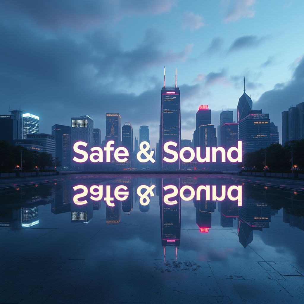 Hip-Hop AI Album Cover — A reflective urban landscape at dusk, featuring towering buildings with vibrant neon lights and the title "Safe & Sound" integrated into the skyline; surreal ambiance, high-detail textures, cool color palette of blues and purples, ethereal lighting, 8k resolution, uplifting and mysterious mood