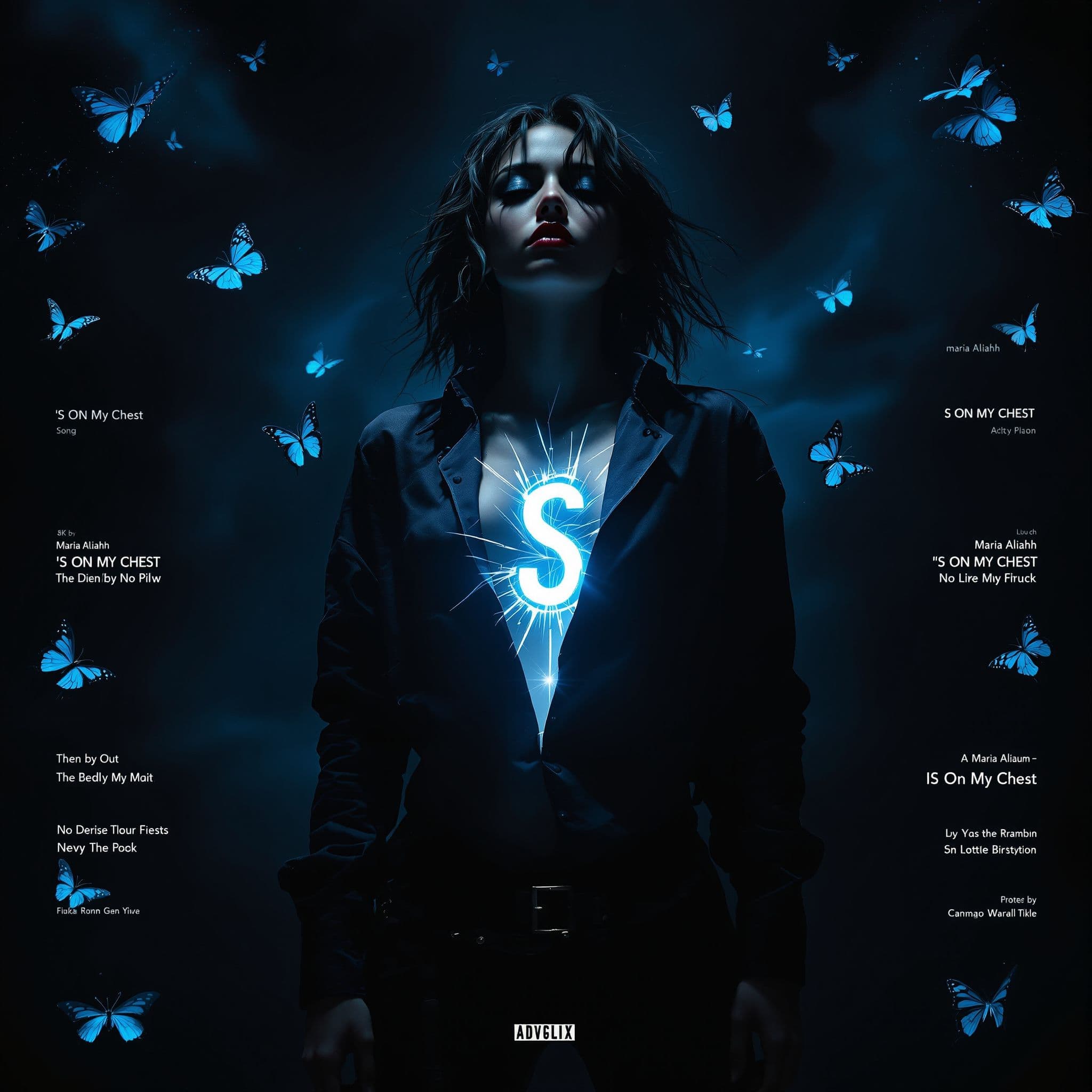 R&B AI Album Cover — A photorealistic album cover for Maria Aliahh's 'S On My Chest', featuring a girl in an edgy, stylish outfit with a shirt dramatically ripping to reveal a radiant 'S' on her chest; dramatic lighting casting shadows, vibrant colors of blue and black butterflies framing song titles in each corner, highly detailed and moody atmosphere, 1:1 aspect ratio, 8k resolution