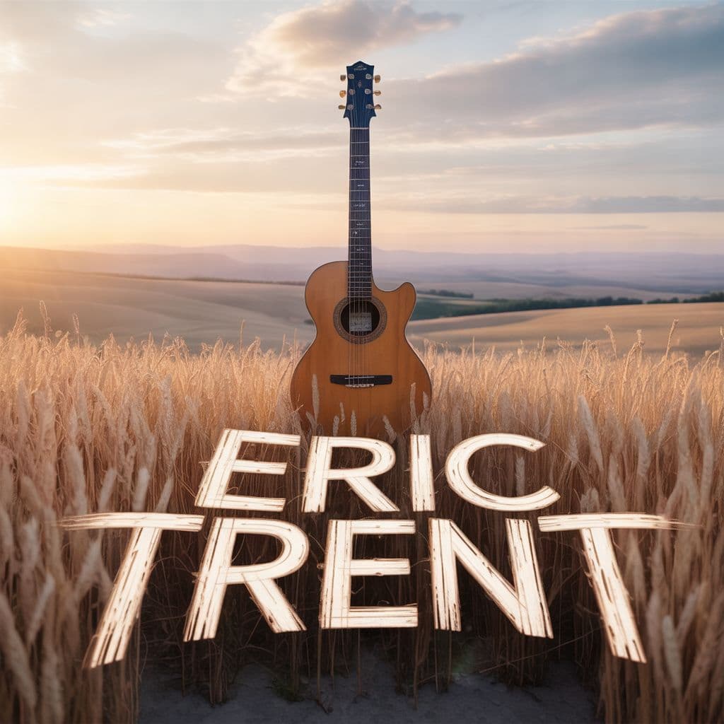Country AI Album Cover — An ethereal landscape featuring a five-string guitar standing upright in a golden wheat field at sunset, soft pastels and golden hues illuminating the scene; 'Eric Trent' handwritten in flowing, rustic typography within the wheat, dreamy and nostalgic vibe, photorealistic, high-quality detail, 8k resolution.