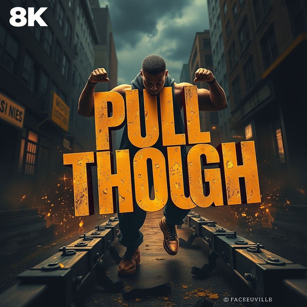 Rap AI Album Cover — A powerful rap album cover titled "Pull Though" featuring a strong figure overcoming obstacles; dynamic urban street scene with high contrast lighting, dark and moody color palette contrasted by bold gold accents, photorealistic details, 8k resolution, dramatic atmosphere, text integrated seamlessly into the artwork, symbolizing strength and success