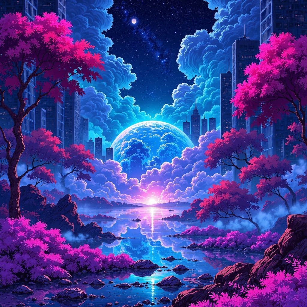 Techno AI Album Cover — A surreal Ghibsky-inspired album cover for the techno song 'Smootech', featuring an abstract cityscape with swirling neon lights, flowing shapes, and a glowing pulsating orb at the center; vibrant color palette of electric blues and purples with hints of pink, evoking a dreamy atmosphere, highly detailed and vibrant, 8k resolution