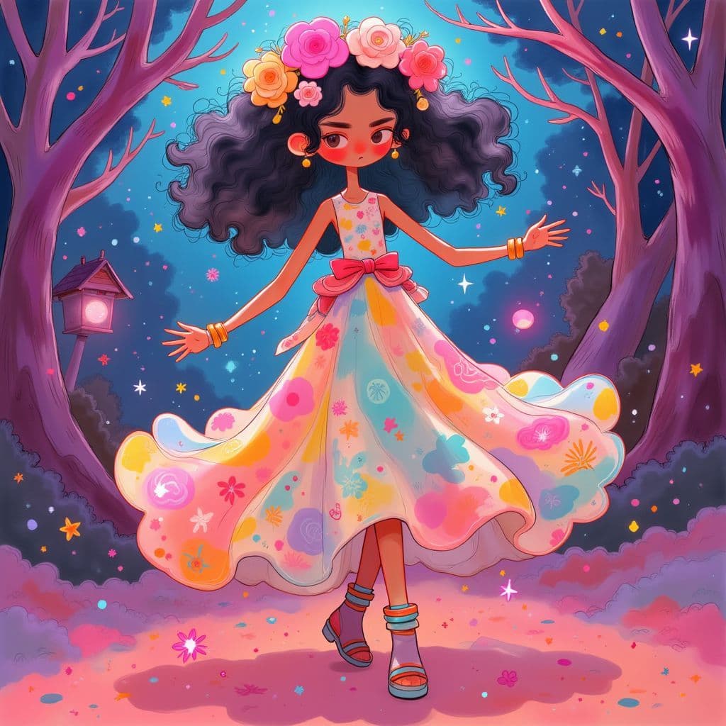 Dance AI Album Cover — A vibrant dance album cover featuring a colorful, abstract representation of a whimsical figure with a flower crown dancing joyfully; filled with swirling patterns, neon lights, and sparkles, bright color palette of pinks, blues, and yellows, creating an upbeat and emotional atmosphere; highly detailed, 8k resolution, surreal style