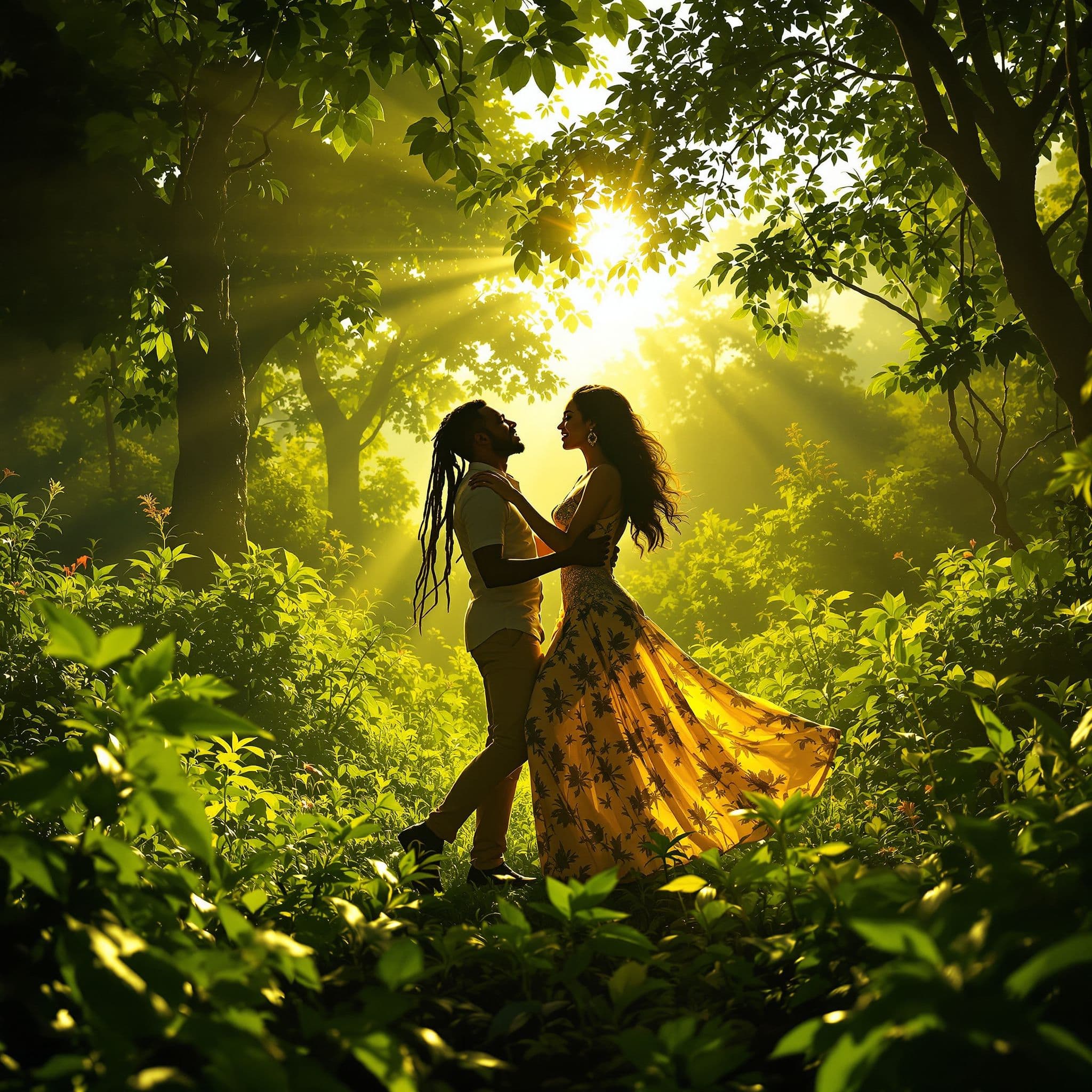 Afrobeat AI Album Cover — A vivid, photorealistic cover featuring a passionate couple dancing in a lush green landscape, dramatic sunlight filtering through tree leaves, high contrast shadows creating depth; vibrant colors of deep greens and golden yellows, capturing the essence of Afrobeat's rhythm and energy, 8k resolution, highly detailed and immersive atmosphere.