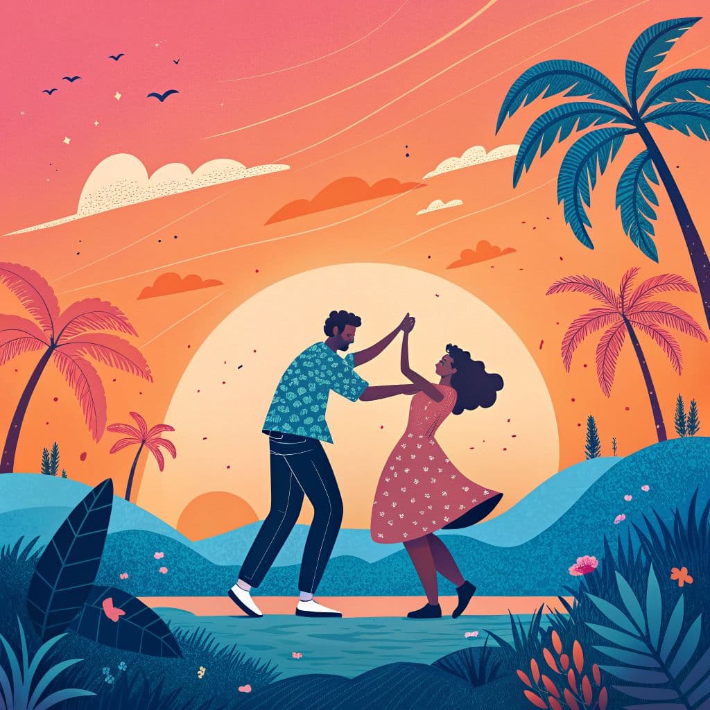 Reggaeton AI Album Cover — A vibrant animated-style album cover featuring a couple dancing under a colorful sunset; whimsical vector art, warm tones of orange, pink, and blue, playful and upbeat atmosphere, smooth gradients, highly detailed, cool designs reflecting reggaeton rhythms, 8k resolution.