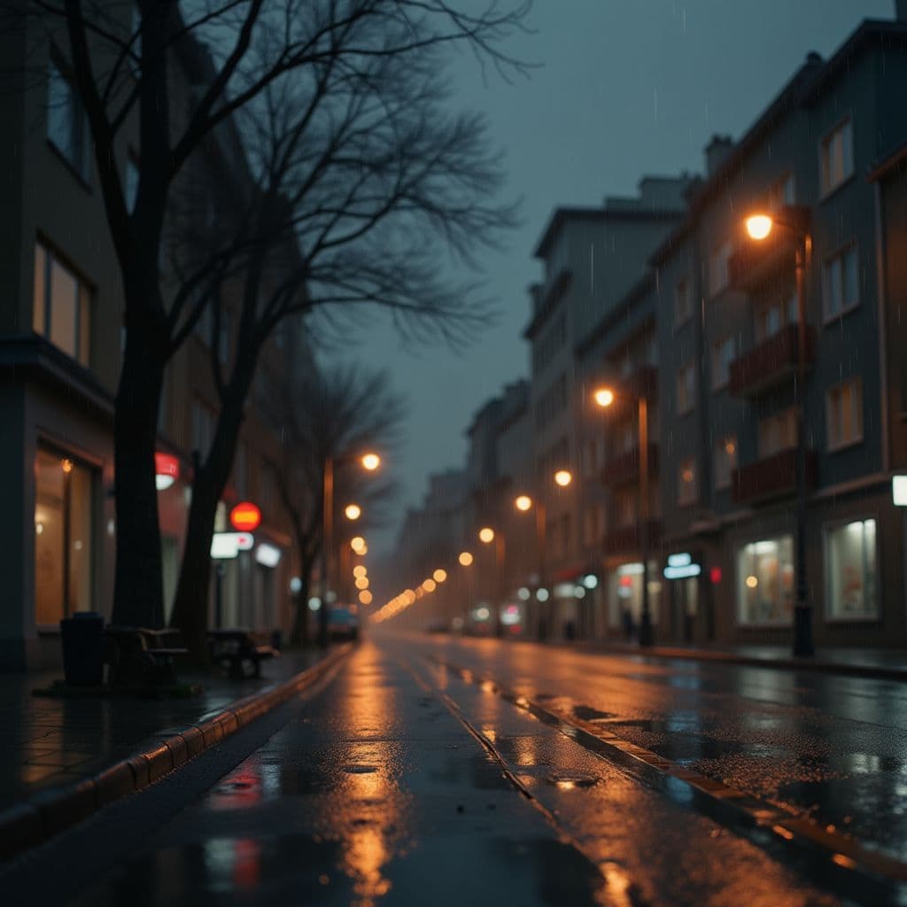 Lo-Fi AI Album Cover — A quiet city street at night after rain, reflecting warm streetlights on wet asphalt, blurred apartment windows in the background, a dreamy atmosphere with gentle falling rain, muted dark grey and brown tones, soft lighting, minimalist composition, high detail, photorealistic, atmospheric, clean negative space for typography
