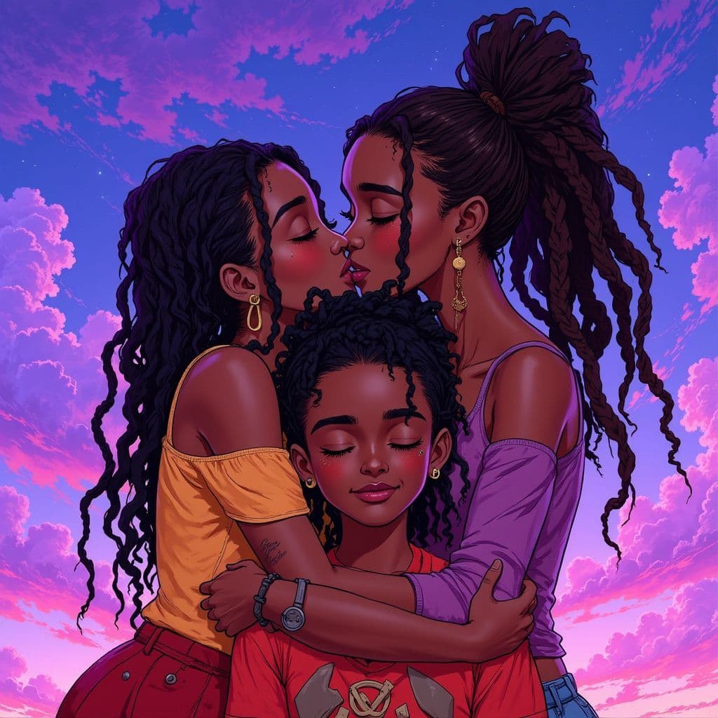 Trap AI Album Cover — An illustration of two black girls embracing and kissing a young black teen with dreadlocks, set in a dreamy 80s to 90s cartoon style; vibrant purple and blue background, highly detailed characters with playful expressions, nostalgic atmosphere, cinematic lighting, 8k resolution, lively and love-filled scene