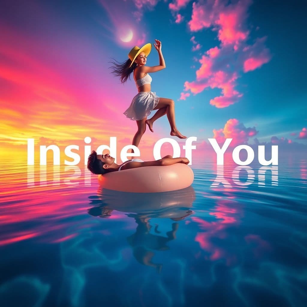 EDM AI Album Cover — A dreamlike EDM album cover featuring a beautiful girl atop a guy in a cowgirl position on a floating balloon in a vibrant pool; surreal visuals with psychedelic colors, soft reflections in the water, ethereal lighting, integrating the title "Inside Of You" in bold typography, highly detailed and 8K resolution, capturing joy and freedom