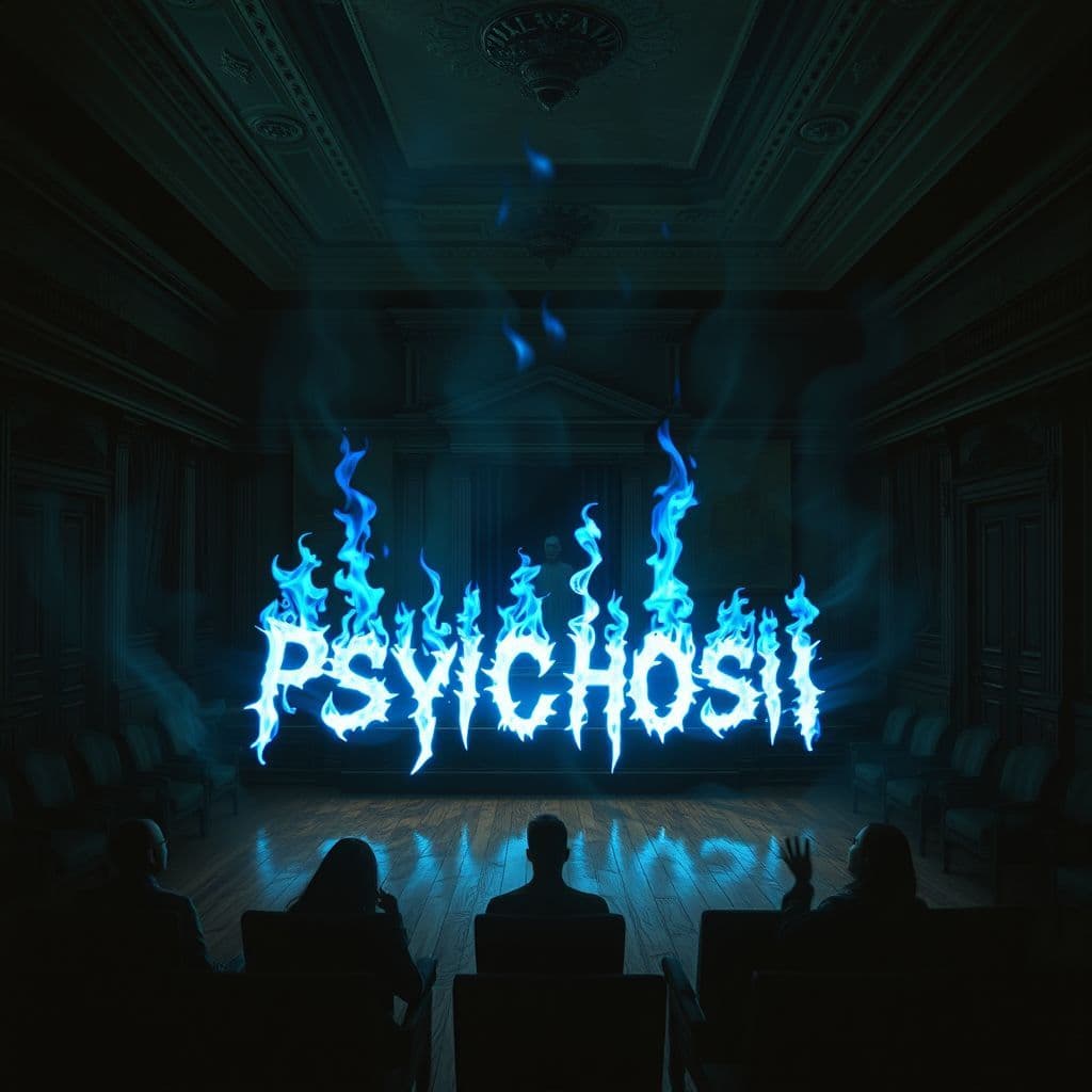 Rock AI Album Cover — A surreal rock album cover depicting a distorted courtroom with ghostly figures in the shadows, vibrant blue flames flickering around the title "Psychosis"; moody lighting, ethereal atmosphere, highly detailed with sharp focus, 8k resolution, capturing themes of memory and perception.