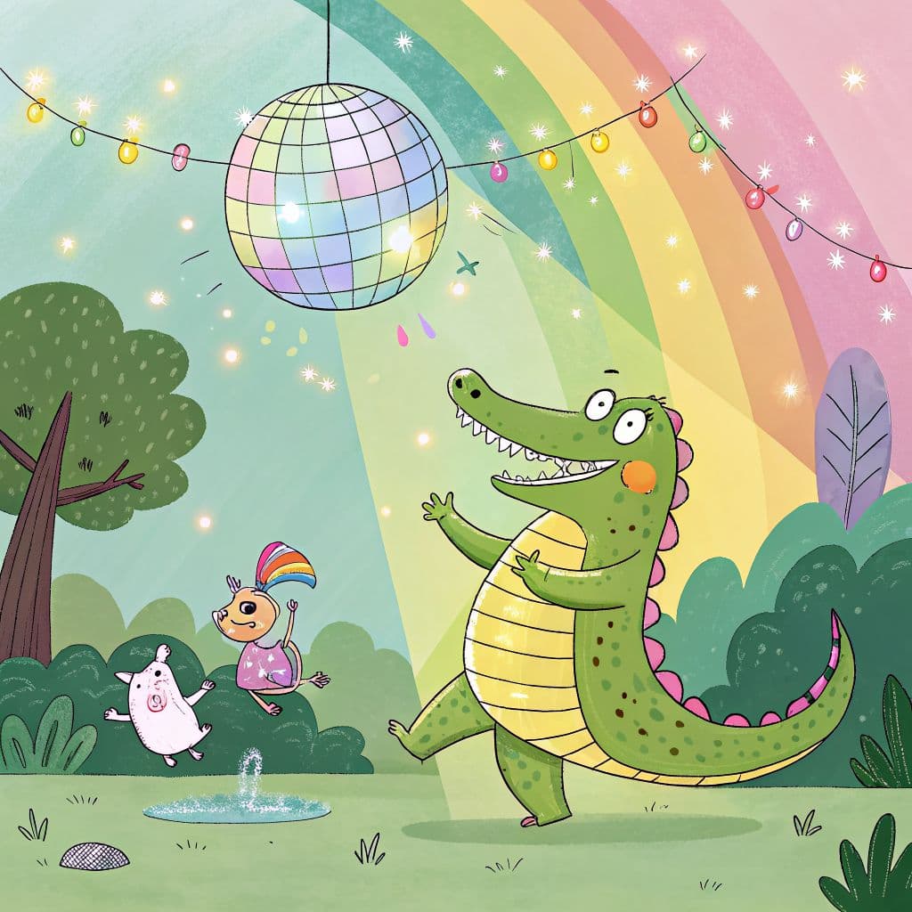 Pop AI Album Cover — A whimsical illustration for 'See You Later, Alligator', featuring a vibrant, cartoon-style alligator dancing under a rainbow disco ball; colorful vector art with playful characters, soft glowing lights, and a dreamy atmosphere, bright greens, pinks, and yellows dominate the scene, highly detailed and upbeat vibe, 8k resolution