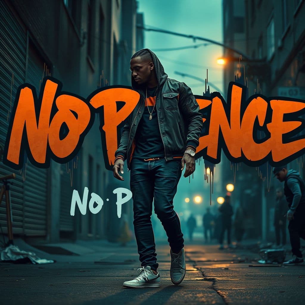 Rap AI Album Cover — A gritty street scene with a confident rapper in motion, surrounded by intense, percussive beats visualized through abstract sound waves; the title 'No Patience' boldly displayed in graffiti-style lettering, with dramatic lighting creating deep shadows and vibrant highlights, moody color palette of blues and oranges, photorealistic, high quality, 4k resolution