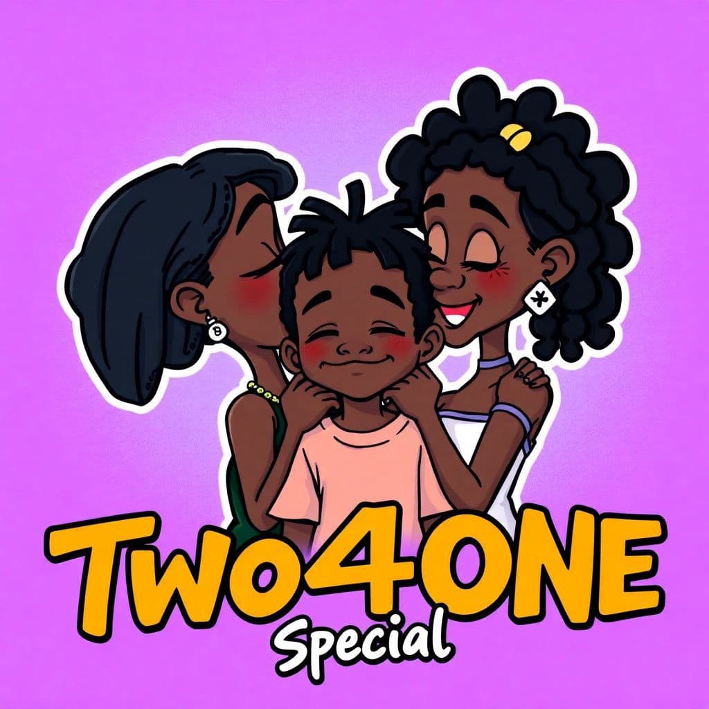 Trap AI Album Cover — An 80s to 90s cartoon-style album cover featuring two black girls kissing a young dreadlocked black teen, set against a vibrant purple and blue background; whimsical, playful atmosphere with bold outlines and exaggerated expressions, incorporating the title "Two4ONE Special" in a fun, graffiti-style font, highly detailed, 8k resolution