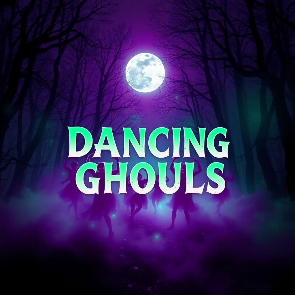 House AI Album Cover — A surreal house music album cover depicting ethereal dancing ghouls in a misty forest, glowing under moonlight; vibrant colors of purple and green, clear integration of the title "Dancing Ghouls" in bold, dynamic typography, highly detailed, 8k resolution, moody and mystical atmosphere
