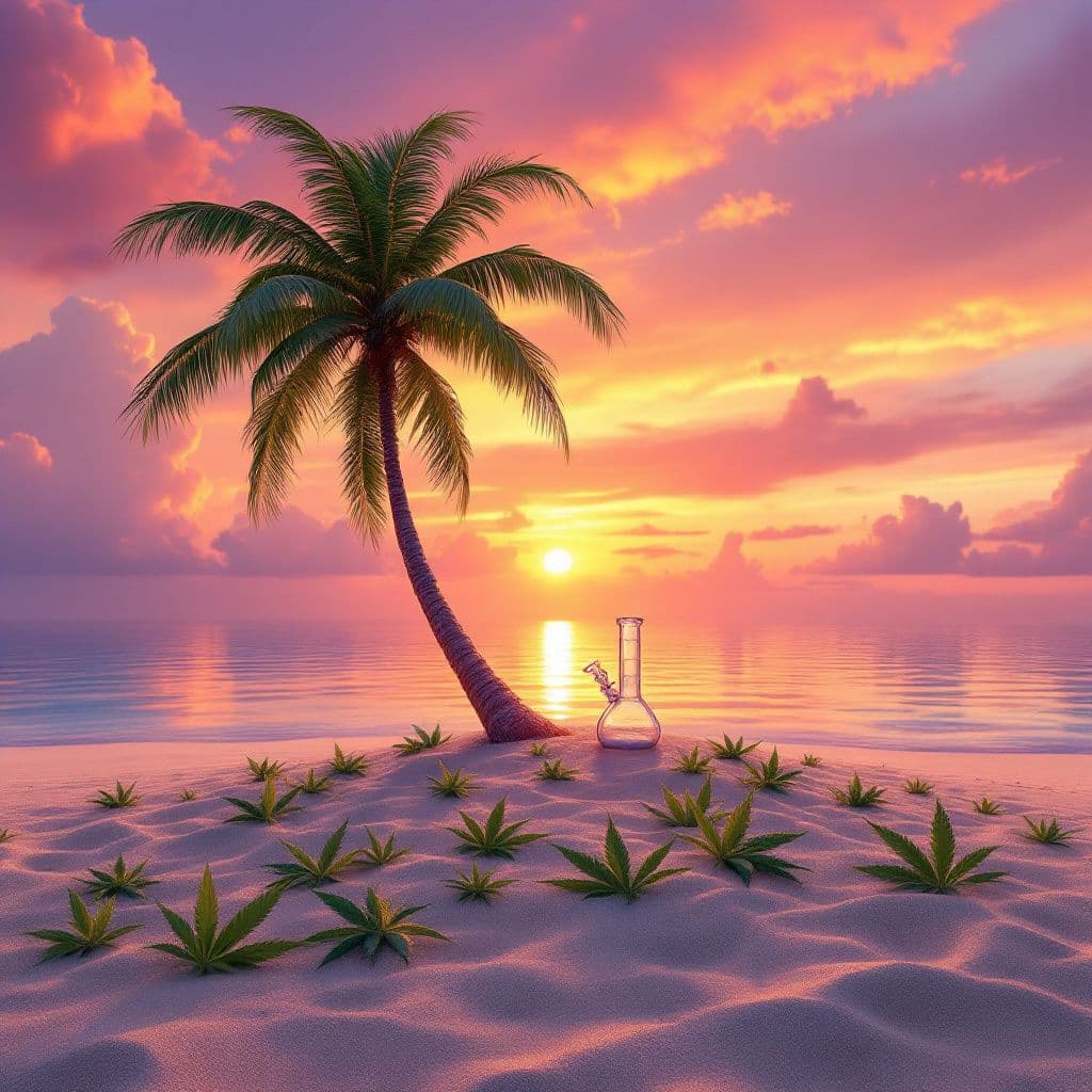 Reggae AI Album Cover — A photorealistic album cover featuring a lone palm tree on a small island at sunset; vibrant oranges and purples in the sky, with detailed marijuana leaves and a bong sitting on the sandy beach. Dreamy lighting, high-quality detail, 8k resolution, evoking relaxation and tropical vibes.