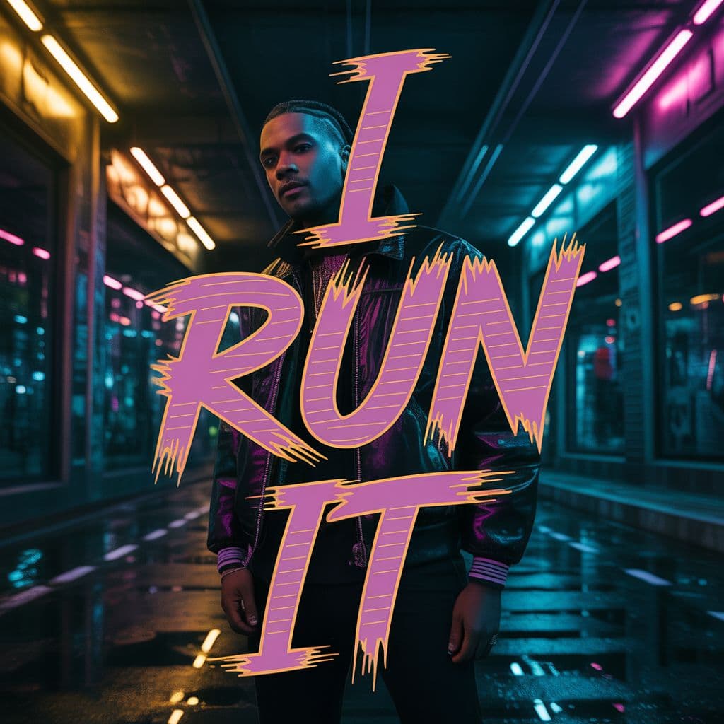 Trap AI Album Cover — A moody trap album cover featuring a confident figure in a dark urban setting, surrounded by colorful neon lights; the title 'I Run It' integrated into the scene with bold, exaggerated typography, dynamic lettering with an urban graffiti style; atmospheric feel, rhythmic shadows, and reflections, highly detailed, 8k resolution
