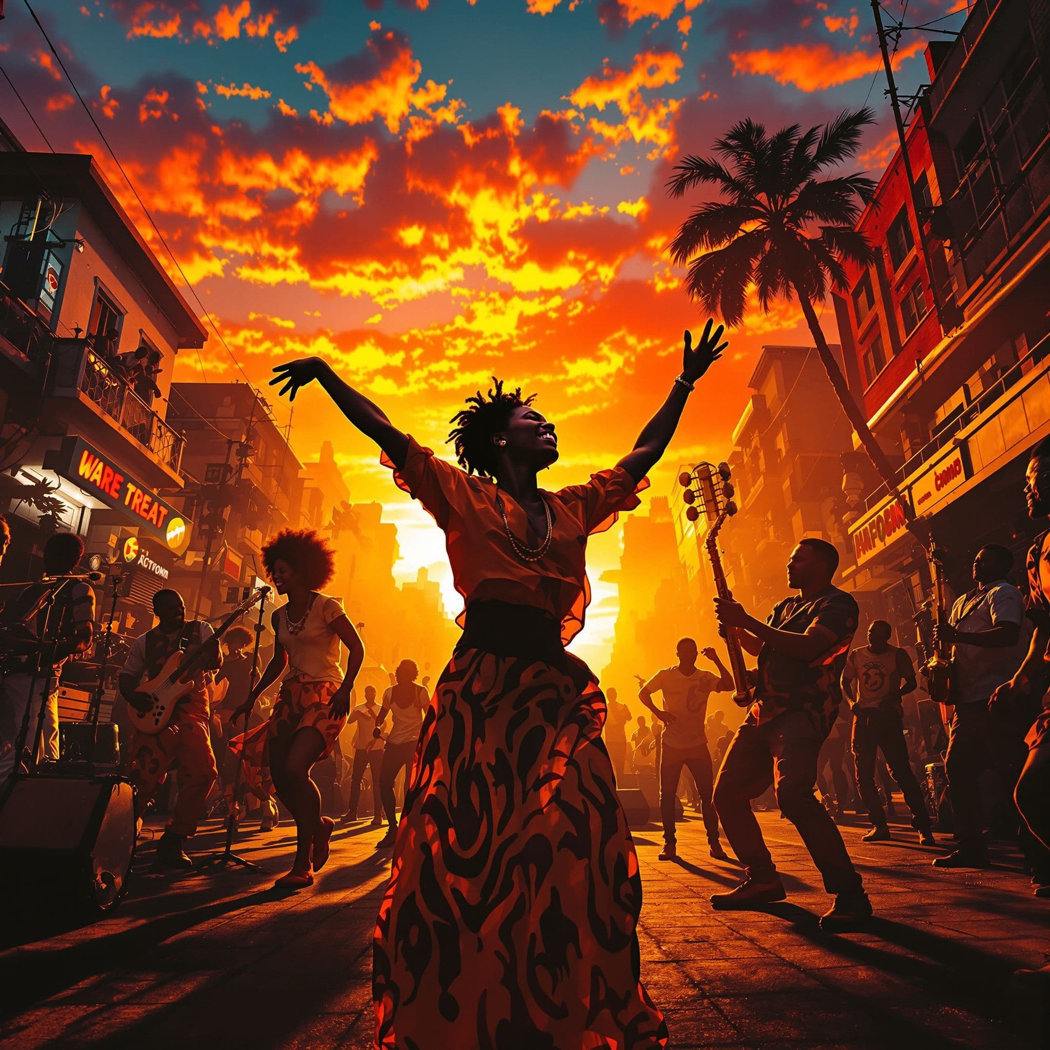 Afrobeat AI Album Cover — A vibrant afrobeat album cover featuring a dynamic dance scene in a lively sunset-lit urban setting, vivid warm colors like orange and yellow, dramatic lighting highlighting joyful expressions, highly detailed close-ups of instruments and dancers, 8k resolution, capturing energy and rhythm of the music.