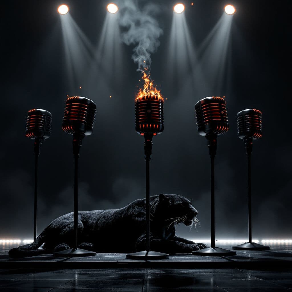 Hip-Hop AI Album Cover — An ultra-realistic hip-hop album cover featuring an empty concert stage with seven microphones, one matte black mic smoldering with smoke and glowing embers, a powerful black jaguar resting before it, dramatic overhead lighting creating shadows and reflections, color palette of black, silver, and crimson, 8K resolution, highly detailed, cinematic quality.