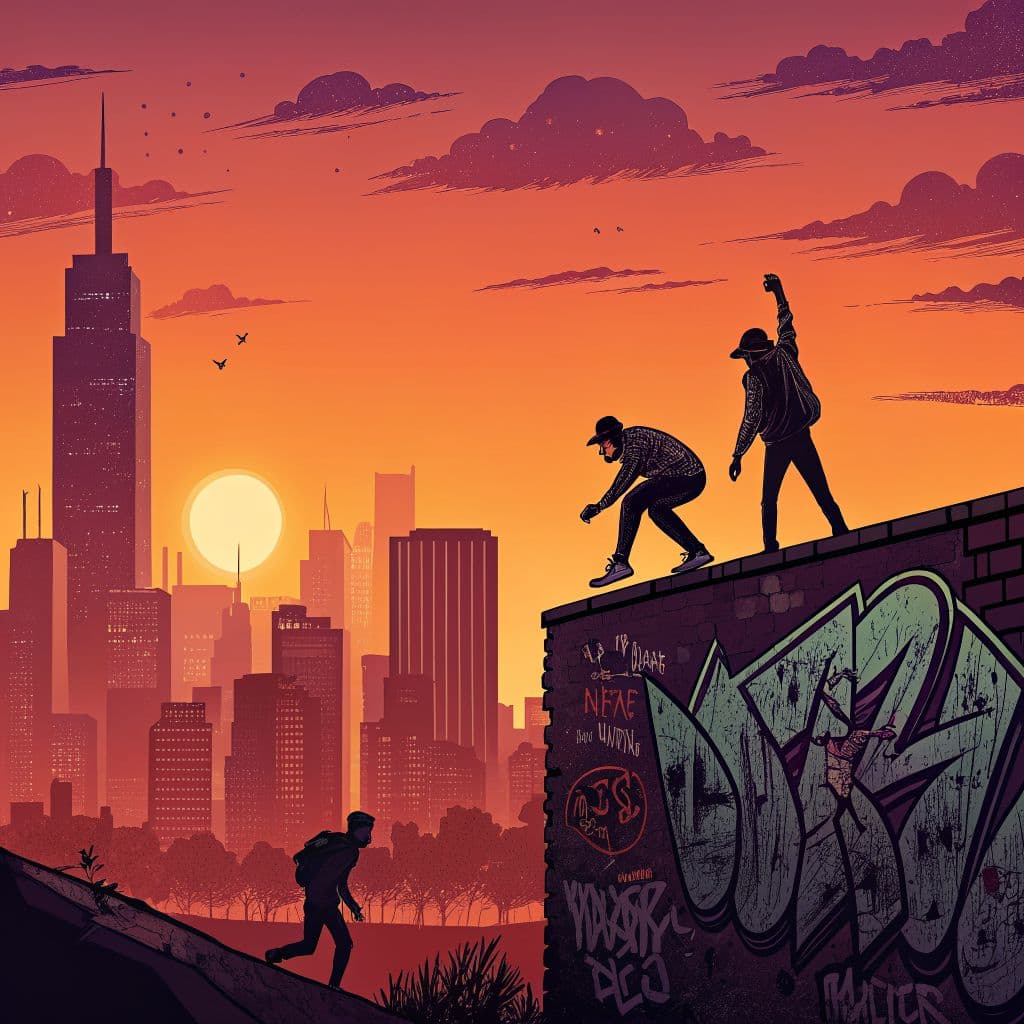 Rap AI Album Cover — A stylized illustration of an urban skyline at sunset, featuring bold silhouettes of figures overcoming obstacles, graffiti art elements, vibrant color palette with deep oranges and purples, dramatic lighting showcasing resilience, dynamic composition for a rap album cover; highly detailed vector art, 8k resolution