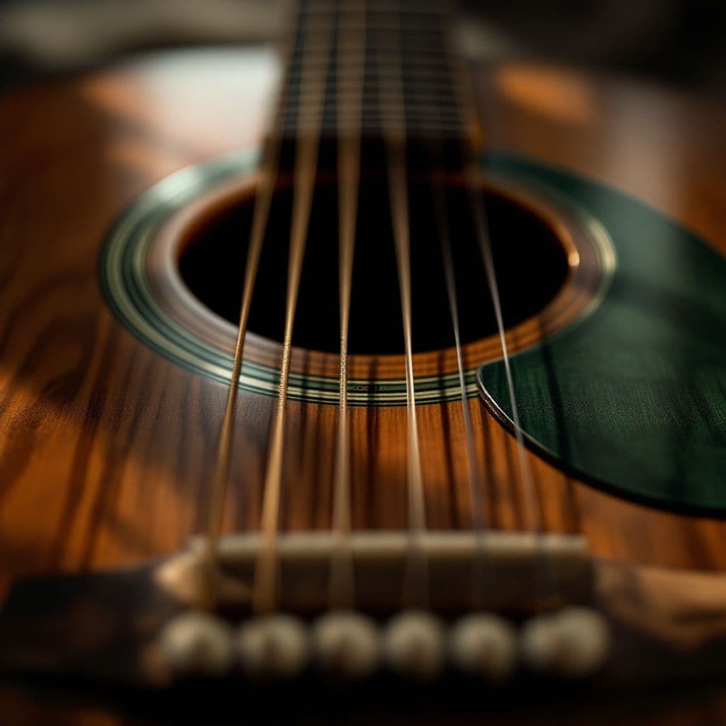 Country AI Album Cover — A close-up shot of an acoustic guitar with five strings, captured in soft, warm lighting to evoke a nostalgic country feel; detailed wood grain textures, a shallow depth of field with a blurred background, earthy tones of brown and green, highly detailed, photorealistic, 8k resolution, intimate and heartfelt atmosphere