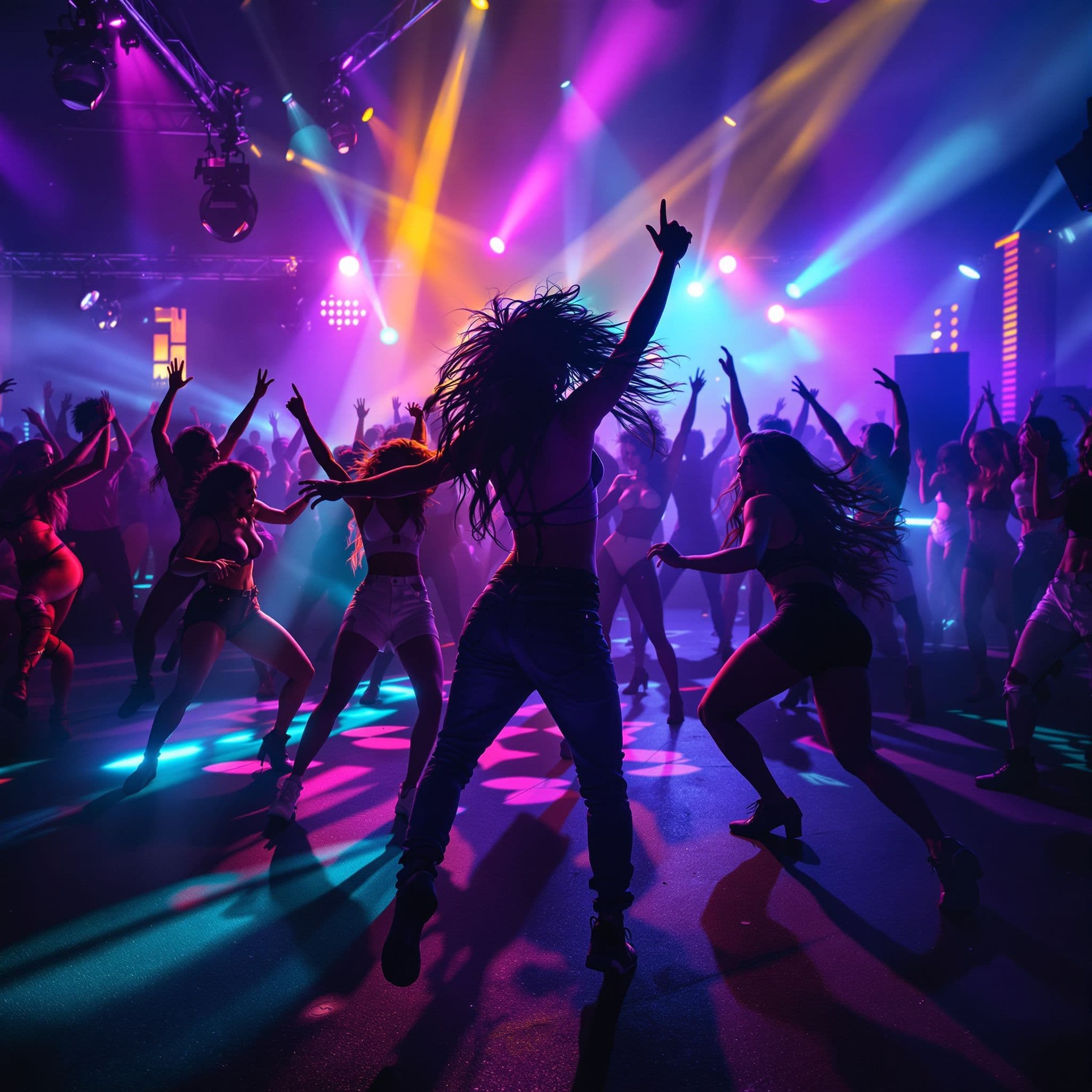 Dance AI Album Cover — A vibrant city rooftop party at night, featuring diverse dancers in dynamic poses with colorful lights illuminating the scene; dramatic angles and deep shadows, high contrast, ethereal lighting, rich blues and purples mixed with bright neon hues, high quality photorealistic details, capturing the excitement of a dance celebration.