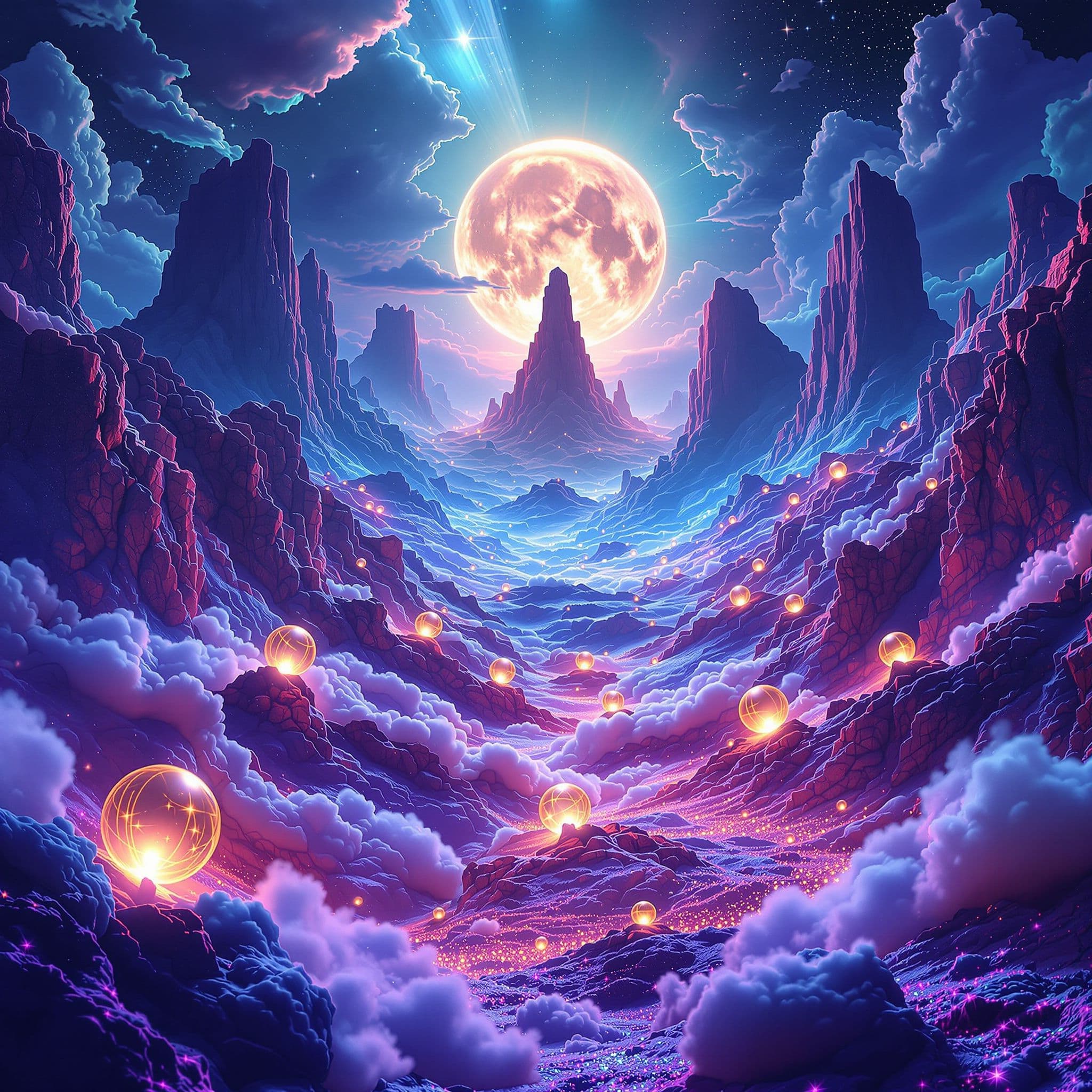 EDM AI Album Cover — A surreal EDM album cover featuring a vibrant, pulsating landscape made of sound waves; dramatic lighting casts ethereal shadows across a dreamlike terrain with glowing orbs; rich blues and purples create a psychedelic atmosphere, highly detailed and photorealistic, capturing the energy of movement and rhythm, 8k resolution.