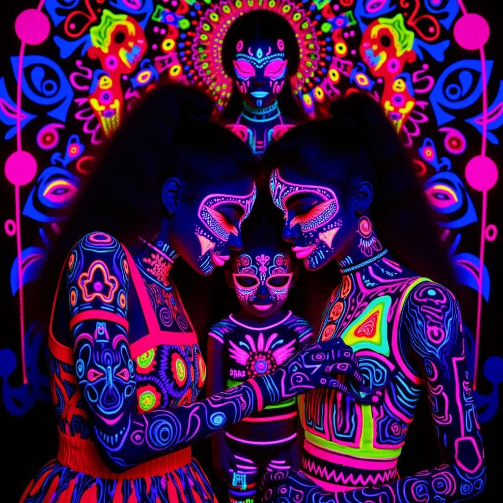 Hip-Hop AI Album Cover — A warm and vibrant black light illustration for a hip-hop album titled 'Family', featuring a close-knit family embracing each other in colorful, abstract patterns; psychedelic style, glowing neon colors like pink, blue, and yellow; highly detailed, vivid lighting, capturing love and unity, 8k resolution
