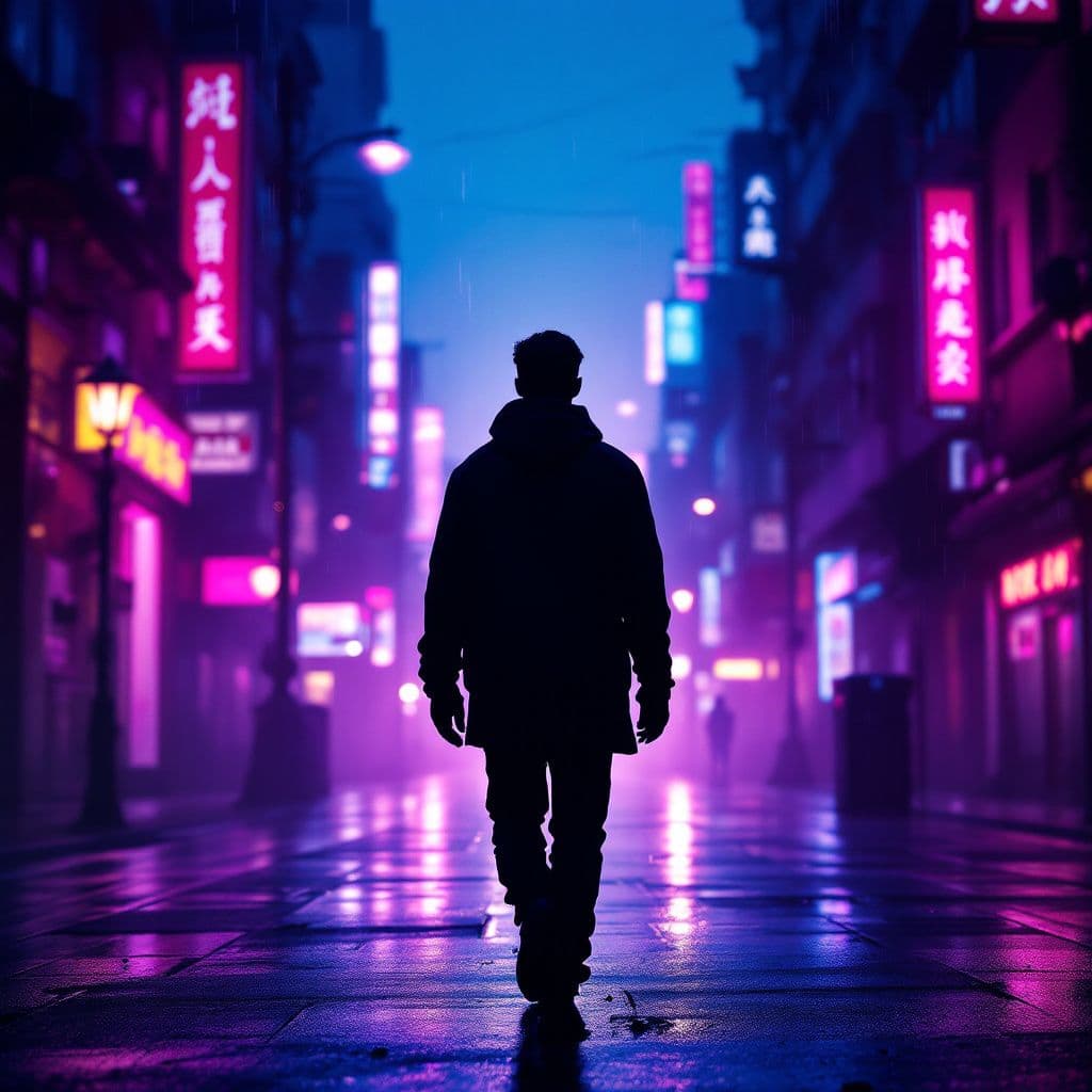 Trap AI Album Cover — A moody, atmospheric trap album cover featuring a silhouetted figure walking under neon city lights, reflections in puddles; surreal and dreamy style with purple and blue hues, high contrast, dramatic lighting, highly detailed, 8k resolution, evokes emotion and confidence