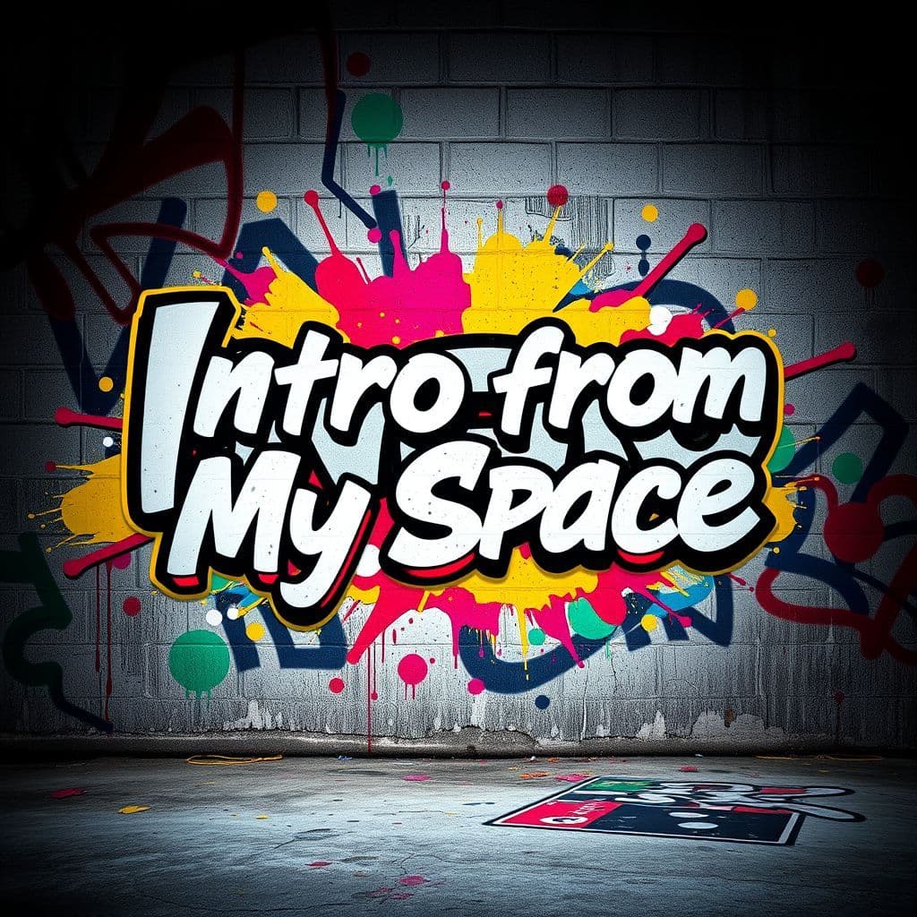 Hip-Hop AI Album Cover — A vibrant hip-hop album cover featuring a bold graffiti style backdrop, the text "Intro from My Space" integrated seamlessly into the design; colorful spray paint splashes, urban elements with a dynamic, energetic vibe, atmospheric lighting with soft shadows, 8k resolution, highly detailed and professional.
