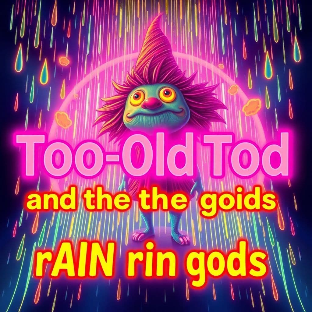 Pop AI Album Cover — A vibrant, psychedelic-inspired album cover featuring a whimsical character named 'Too-Old Tod' surrounded by abstract rain motifs, the title 'Too-Old Tod and the rAIn gods' integrated in bold retro fonts; bright neon colors, ethereal lighting, 8k resolution, dreamlike atmosphere.