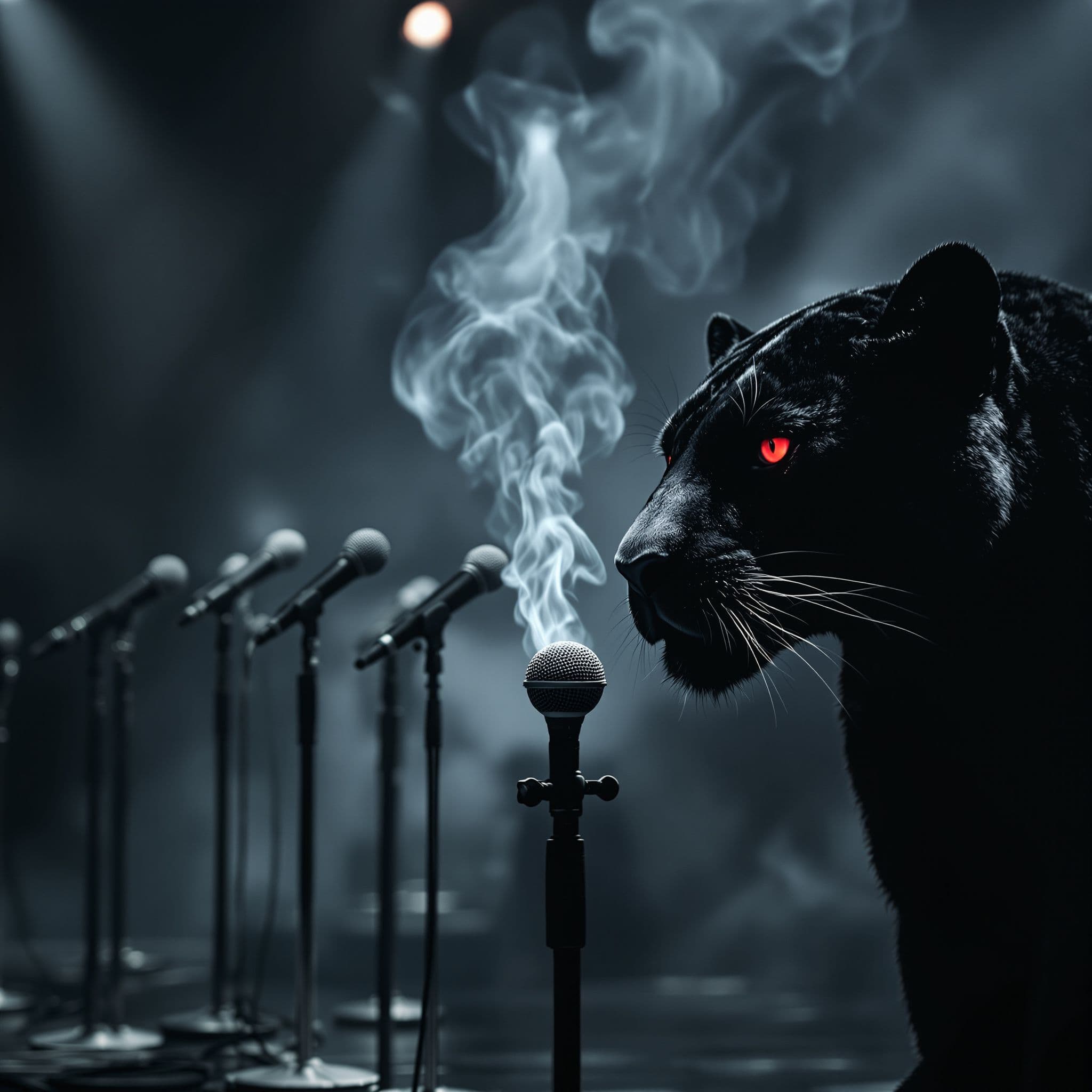 Hip-Hop AI Album Cover — A minimalist yet impactful concert stage featuring seven microphones, the black microphone exhaling faint smoke; a majestic black jaguar with vibrant red eyes dominates the foreground; moody lighting enhances depth and shadows, cinematic aesthetics, photorealistic quality, deep blacks and gunmetal colors, finely detailed surface textures, high resolution 8K image