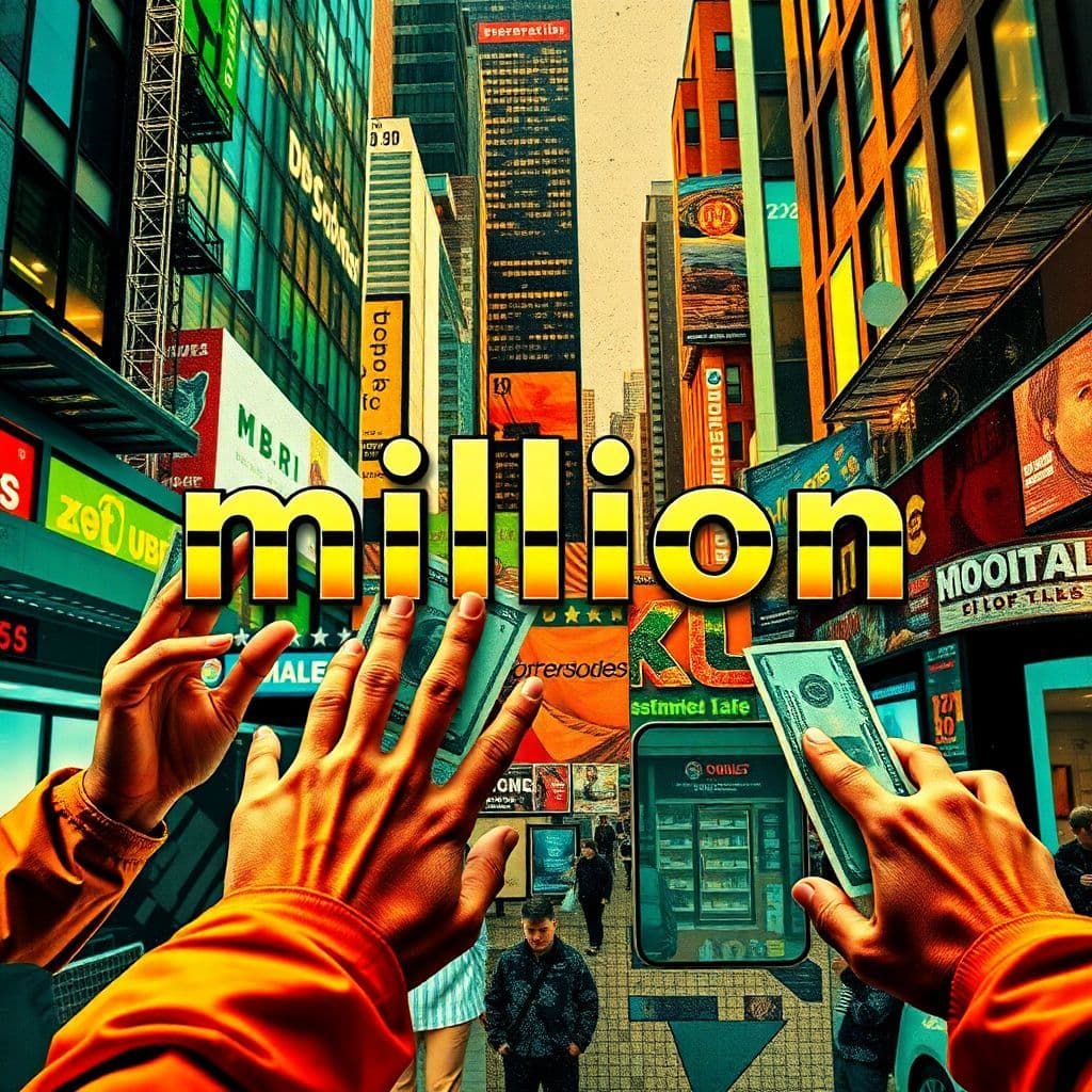 Hip-Hop AI Album Cover — An abstract collage of successful urban life, with hands reaching out for dollar bills, layered textures; the title "million" integrated in a sleek, modern font amidst the imagery, energetic vibe, bright colors with orange, green, and gold accents, highly detailed, photorealistic elements, vibrant lighting, 8k resolution.