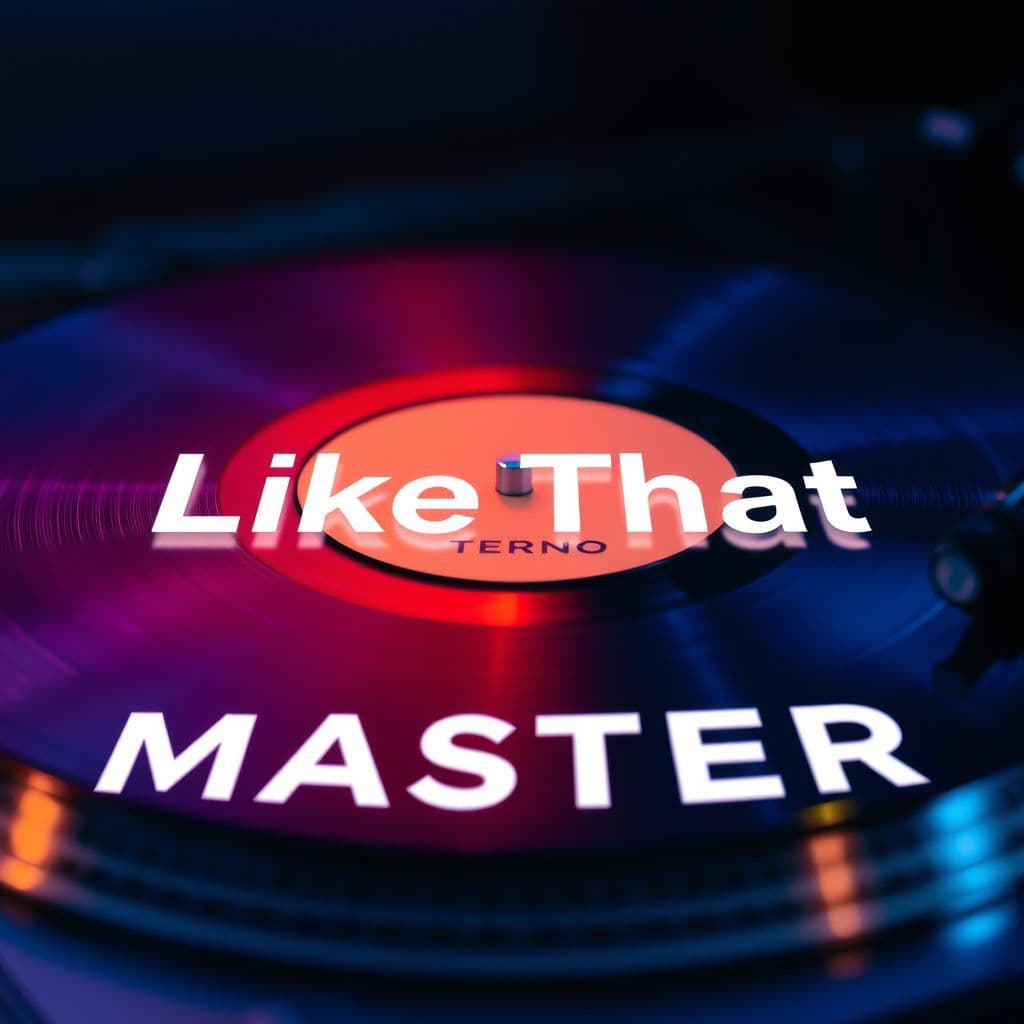 Techno AI Album Cover — A minimalist techno album cover titled "Like That", featuring a close-up of a vinyl record on a turntable under soft blue lighting, subtle reflections, sleek typography integrating the title seamlessly, high quality, sharp focus, atmospheric feel.
