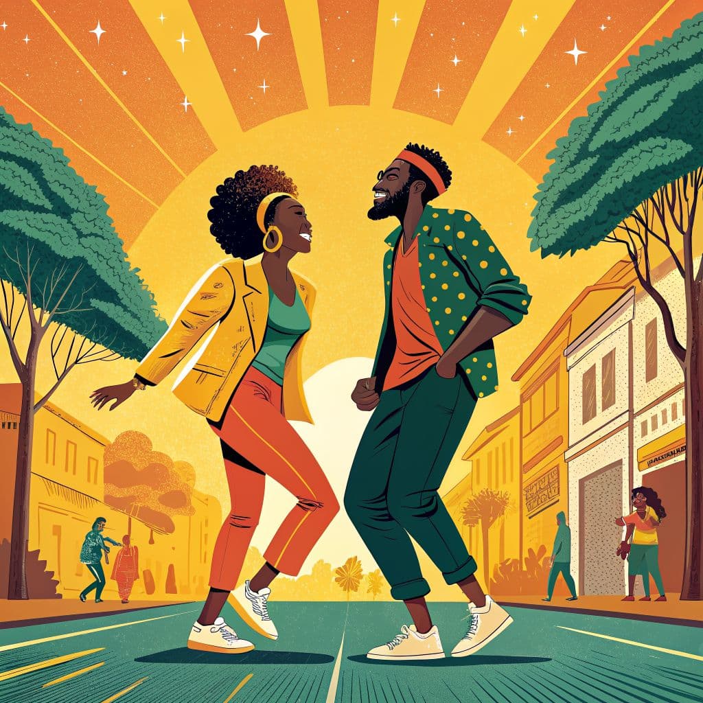 Afrobeat AI Album Cover — A vibrant afrobeat album cover featuring a cheerful couple in an animated street scene; stylized illustration with bold colors like yellow, orange, and green, dynamic poses symbolizing connection, sunny atmosphere with bright lighting, highly detailed vector art, 4K resolution, joyful and inviting vibe